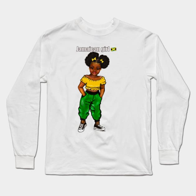 Jamaican girl 2 with colours of Jamaican flag in black green and gold inside a heart shape Long Sleeve T-Shirt by Artonmytee